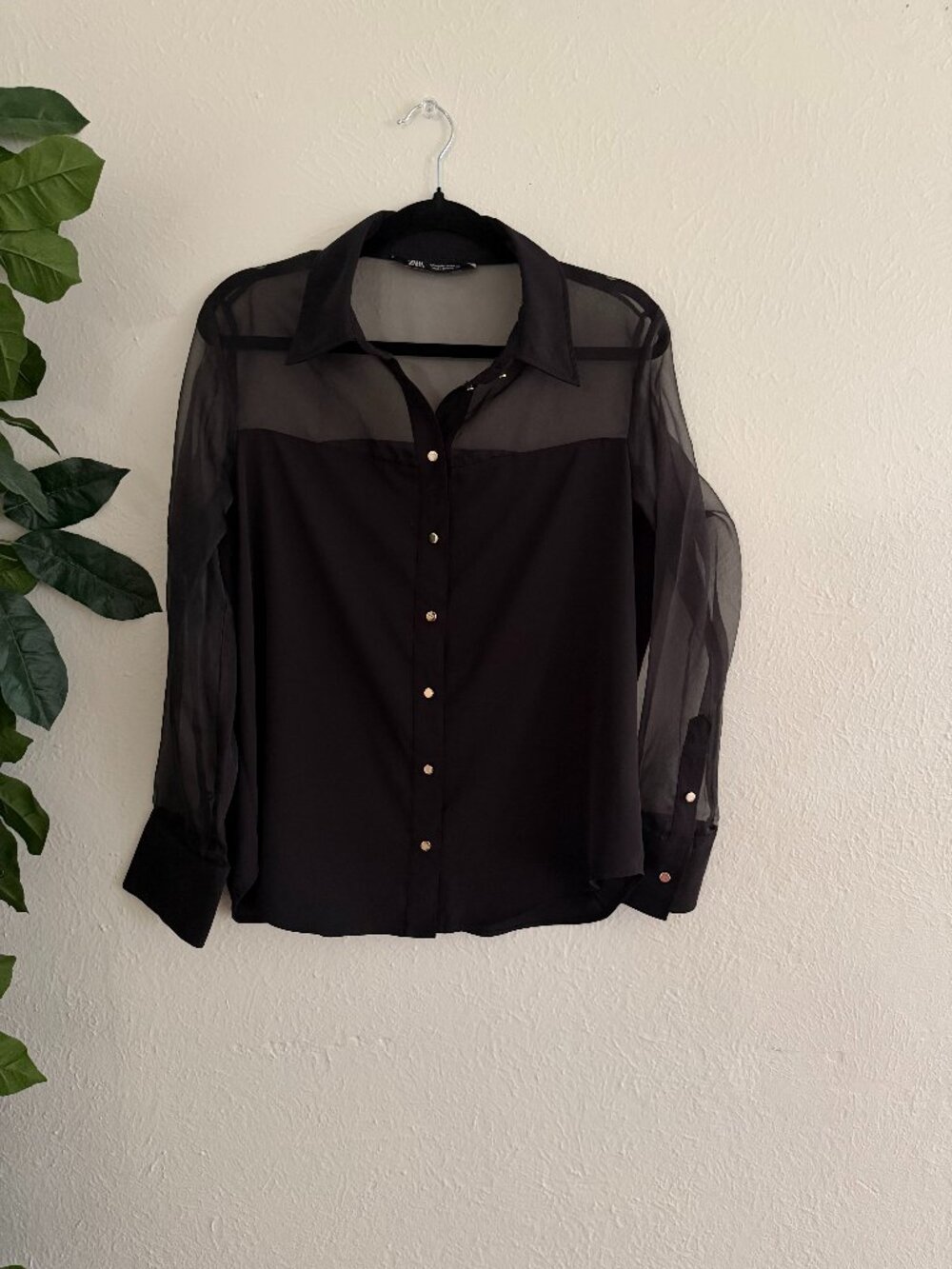 Zara Contrast Organza Combi Long Sleeve Mesh Button Top Black Medium